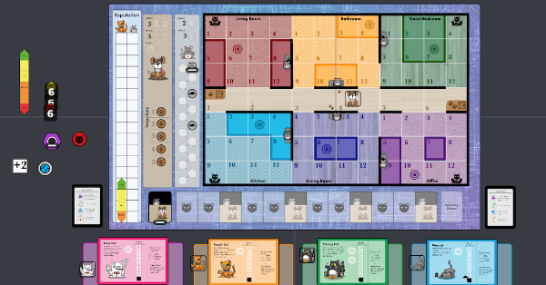 A colorful board with 6 rooms of a house, 4 player mats with different cats, and a set of vertical tracks on the left